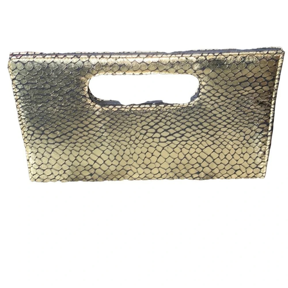 Fashion metallic gold black faux croc look style clutch